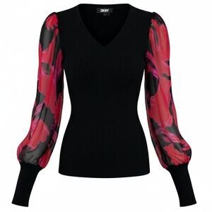 DKNY Women's Mixed Media Long Sleeve Ribbed Blouse Black & Pink,Size M,Like New
